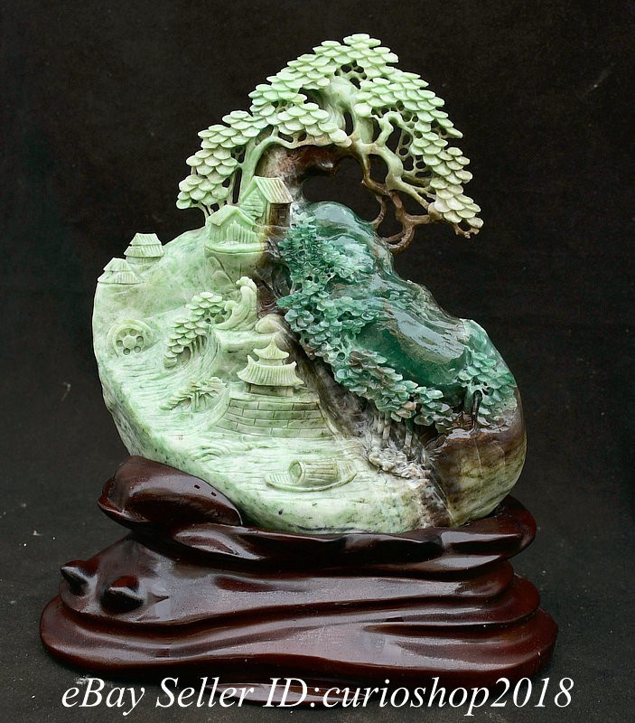 13.4" Chinese Natural Dushan Jade Carving Mountain Ware Tree House Boat Statue