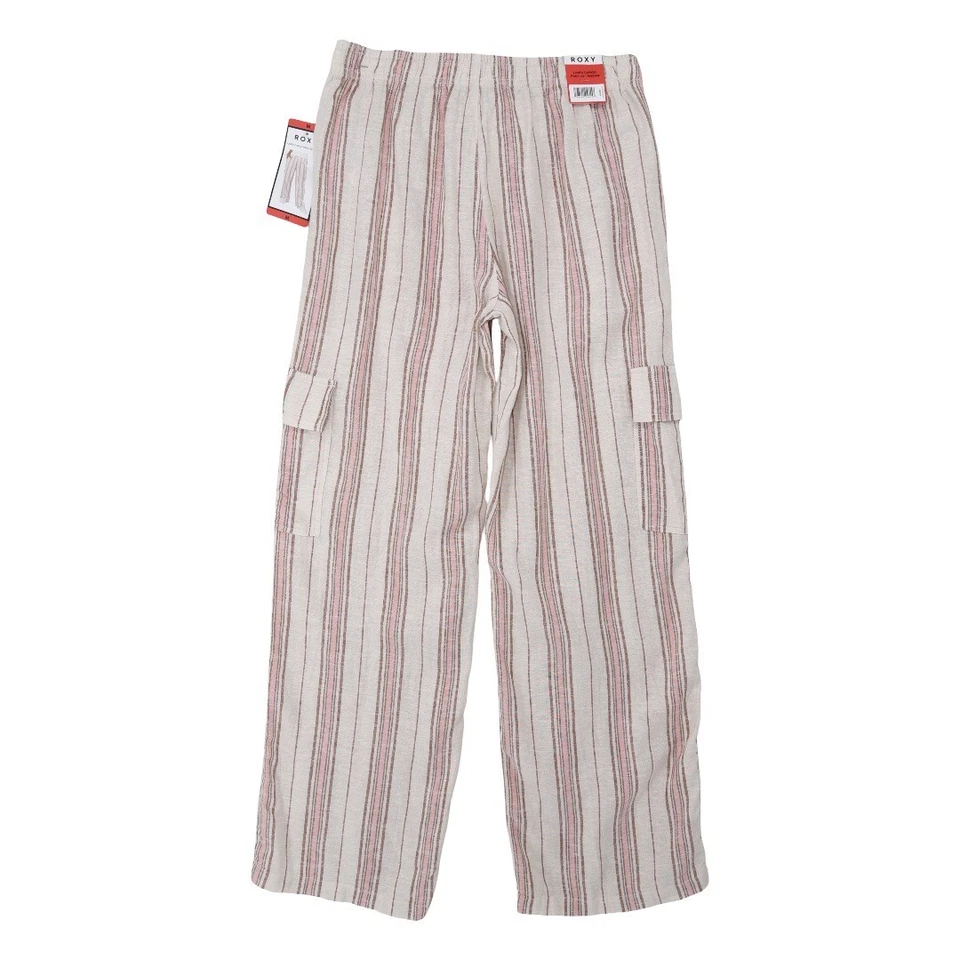 NWT Roxy Stripe Linen Blend Cargo Pocket Pants, Cream and Pink  M Beachy - Image 3 of 4