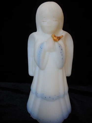 Fenton Girl Angel Figurine Satin Art Glass HandPainted Blue Gold Bird Signed