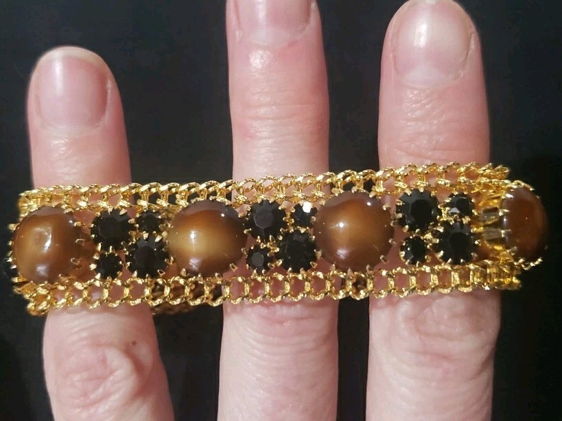 Vintage Gold Tone Cabochon Rhinestone Bracelet Brown Black Statement