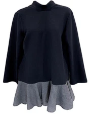 ZARA Women's Sz XS Navy/White Checkered Flounced Hemline Relaxed Fit Peplum Top