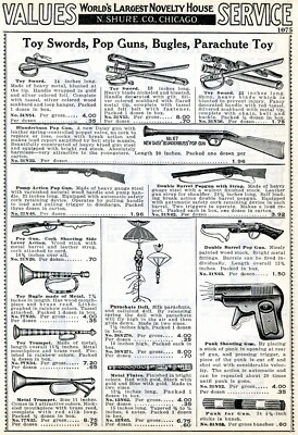 1938 Print Ad of Toy Swords, Pop Guns Daisy 67 Blunderbuss, Bugles & Parachutes