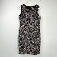 Ann Taylor Dress Size 8 Brown Pleat Neck Sheath Animal Print Sleeveless Office