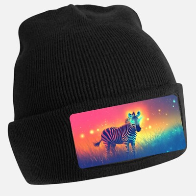 Black Beanie Hat with Cool Zebra Motif - Unisex Cap, Cotton