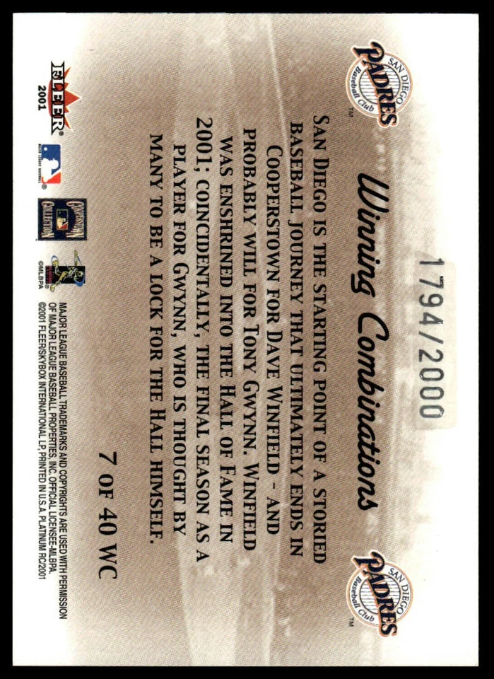 2001 Fleer Platinum #7 WC Winfield/Gwynn Winning Combinations - Image 2 of 2