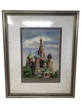 Original watercolor St. Basil Cathedral Moscow Art overall frame 18 3/4 x 15 1/4