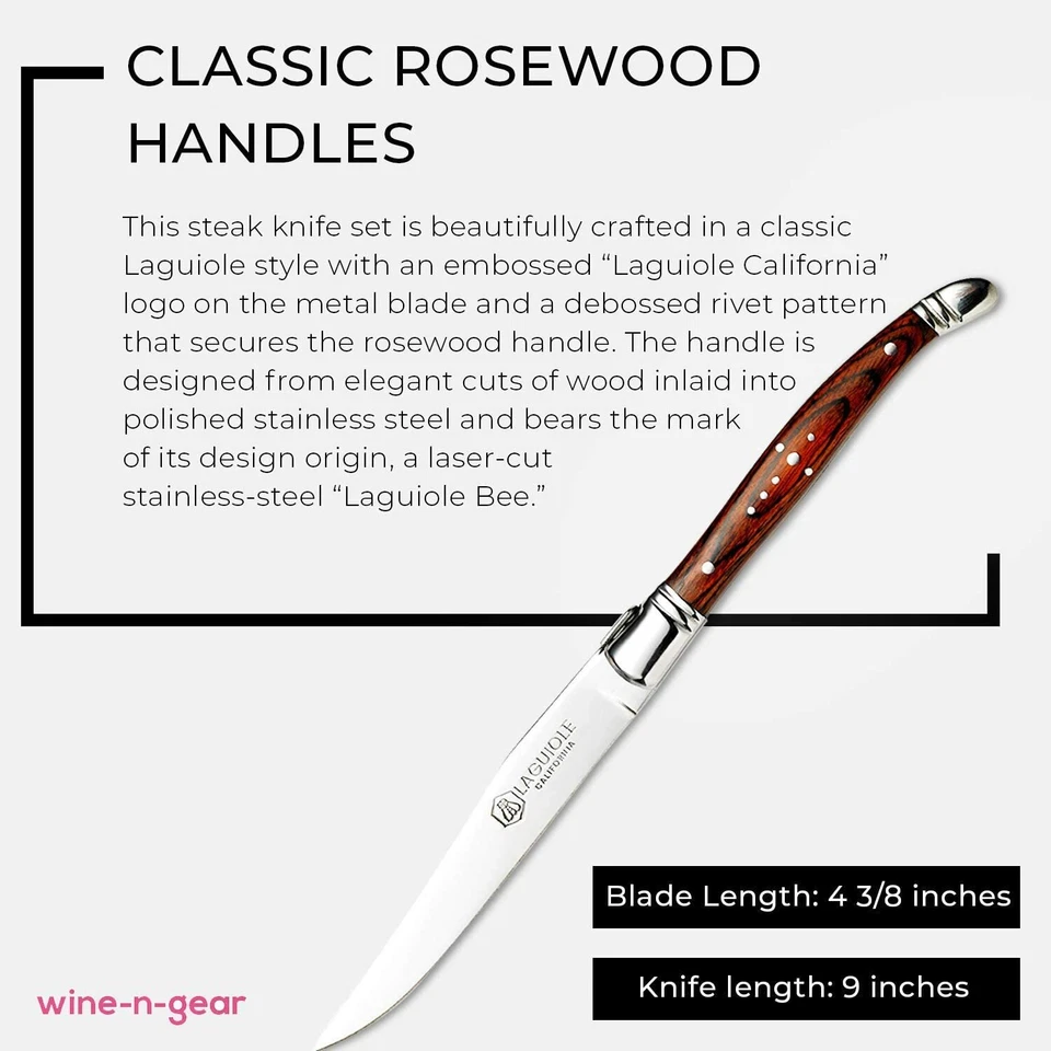 Cuchillos para carne Laguiole California - Juego de 6 piezas de palo de rosa - En caja de regalo de madera de roble Foto 3 de 4