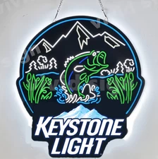 Bass Fish Mountains Fishing Beer 2D LED 20" Neon Sign Light Lamp Wall Bar Decor