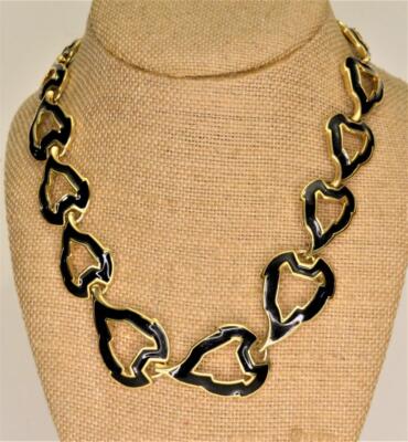 Vintage Signiert TRIFARI Goldtone Halskette Mit Schwarzem Emaille 17''