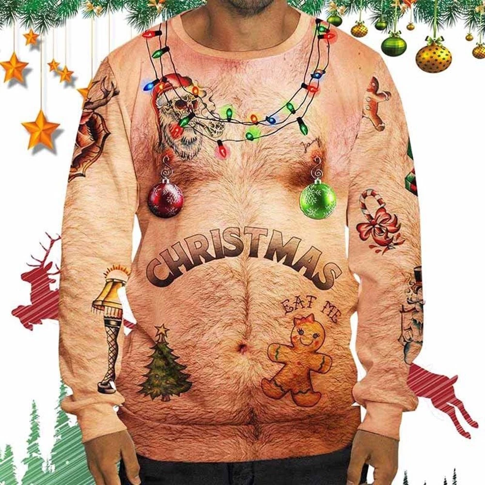 Mens Funny Nude 3D Print Ugly Christmas Sweatshirts Pullover Xmas Sweater  Fashio