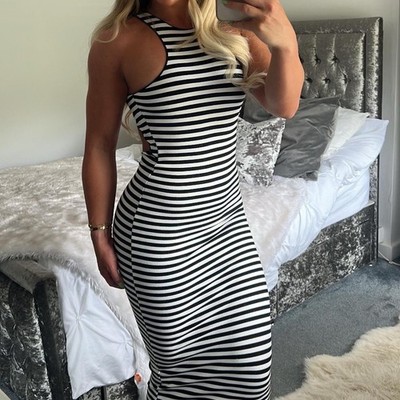 New Zara Black White Striped Open Back Cutout Knit Bodycon Midi Dress Size M