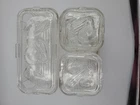 Vintage Set Of Clear Glass Refrigerator  Dishes With Veggies On Lids.