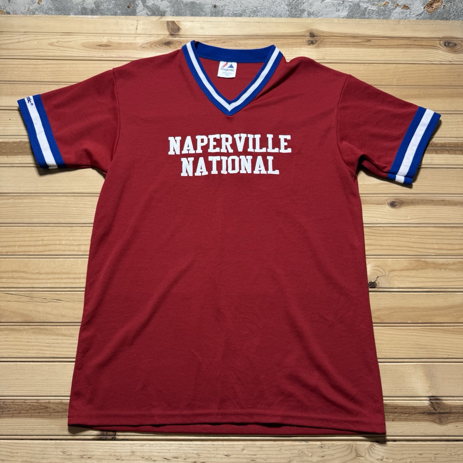 Vintage 90s Majestic Naperville National Baseball V-Neck T-Shirt Red Size Large