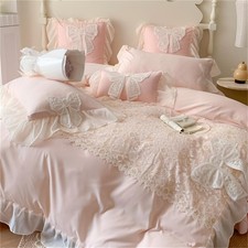 Ruffled Bedding Bow Duvet Cover -Twin Size Pink Chic Lace Bedding Set with Cu...