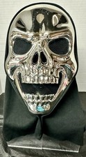 Silver Metallic Laughing Skull Mask w/Black Hood Halloween 10