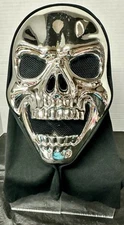 Silver Metallic Laughing Skull Mask w/Black Hood Halloween 10”