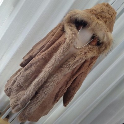 Reversible Raccoon Lapin Fur Coat Brown Soft Light L