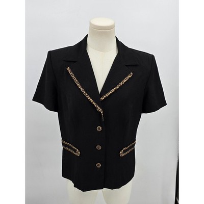 Miss Dorby Vintage 90s Button-Front Blazer-Style Blouse with Leopard Trim