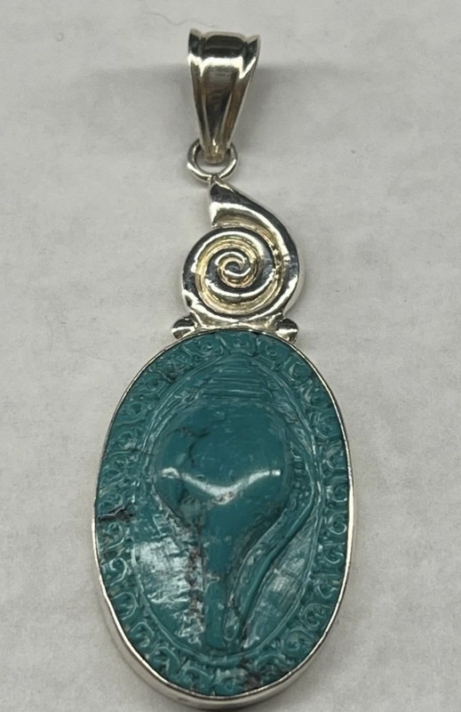 VTG NEPAL Sterling Silver 925 Turquoise JOY Pendant CarveD Seashell Filigree 10g