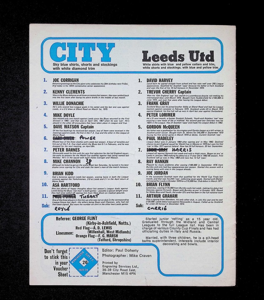 Manchester City v Leeds United 1977-1978 Division 1 12/11/1977 | eBay UK