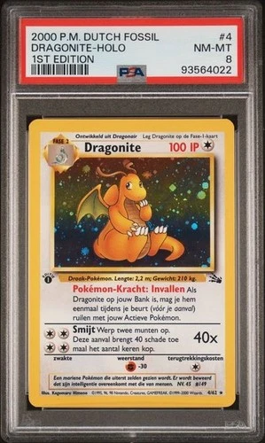 Pokemon Dutch Fossil 4/62 Dragonite Holo 1st Edition PSA 8