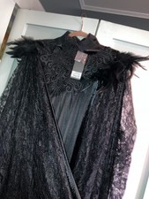 Women Black Velvet Lace Feather Cape Long Gothic Cloak Costume Robe
