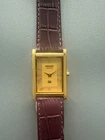 Vintage Seiko Tank Wrist Watch Refurbished Gold Dial Gold Bezel Brown Strap