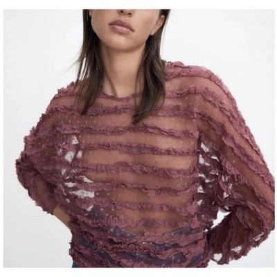 Zara Women Mauve Sheer Tulle Polka Dot Ruffle Blouse Top Size Large Keyhole Back