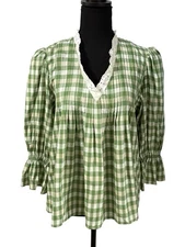 Hunter Bell Mia Top Green Gingham Check Lace Trim V Neck 3/4 Puffy Sleeve SZ M