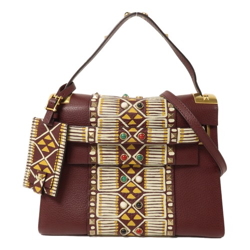 VALENTINO GHW Primitive My Rockstud 2 Way Shoulder Bag Calfskin Burgundy/White