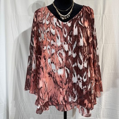 JENNIFER LOPEZ Abstract Print V Neck Sheer Long Sleeve Tunic Top Size L