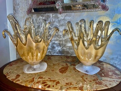 paar Palmenvasen aus gelbgoldem Murano Glas untergetaucht