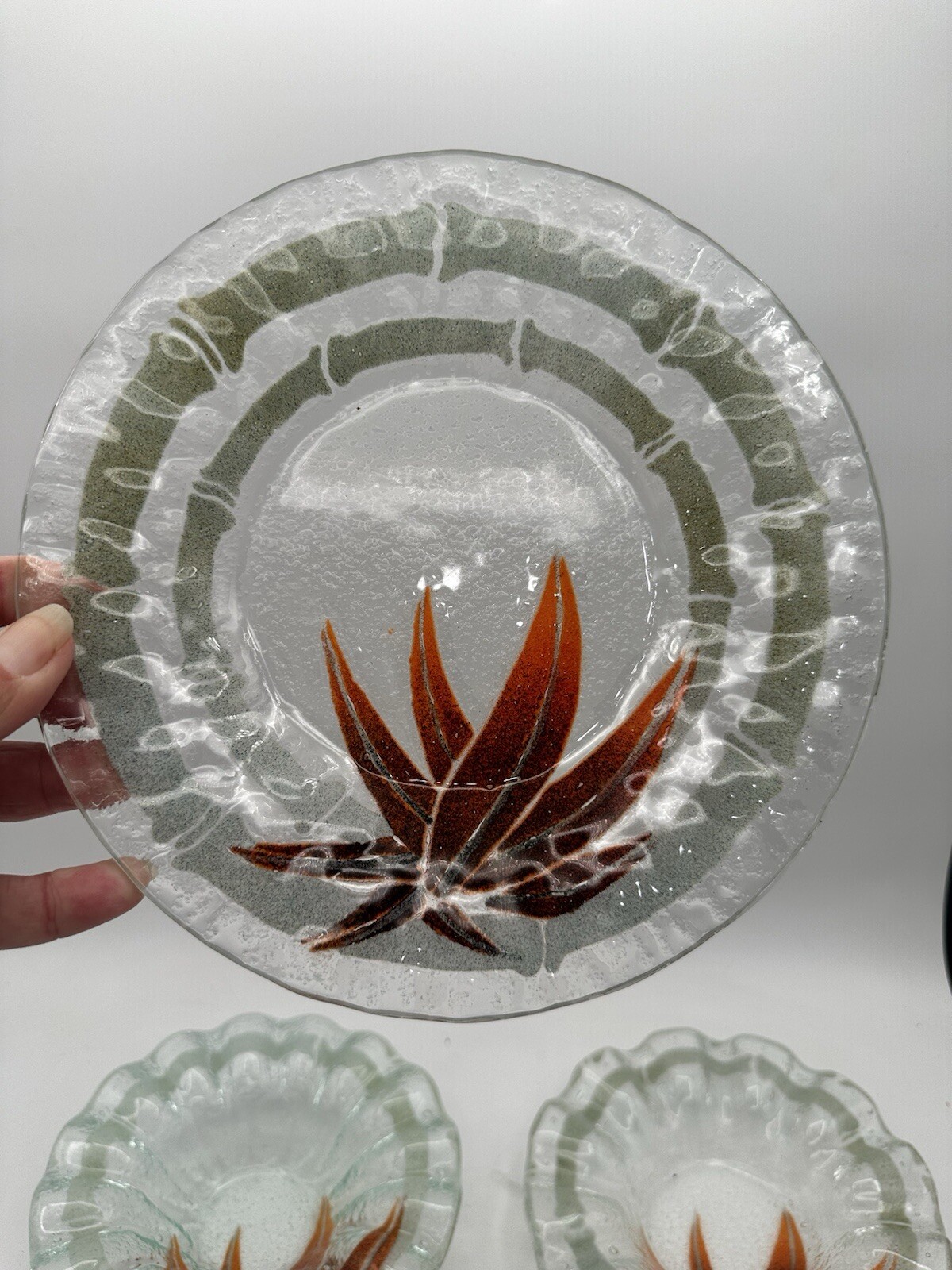 Fused Glass Plate And Bowl Set Of Four Bamboo Style Edging With Red Agave Plant 