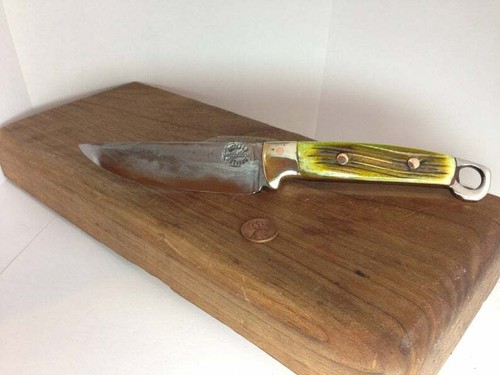 San Mai Damaskus Drop-Point Utility, auf Bestellung gefertigt, grüner Knochen, Lederhülle - Bild 6 von 7