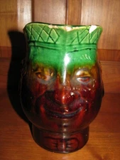 Vintage Bennington Art Pottery Green & Brown Toby Face Jug Pitcher 8" Tall