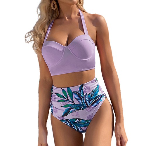 Women High Waist Bikini Swimwear Beachwear Leaf Print Bathing Swimsuit 2pcs/Set - Picture 19 of 19