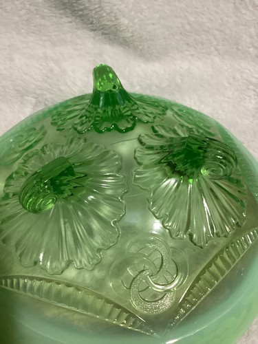 EAPG Northwood Green opalescent Ruffles and Rings Footed Glass Bowl - Picture 6 of 9