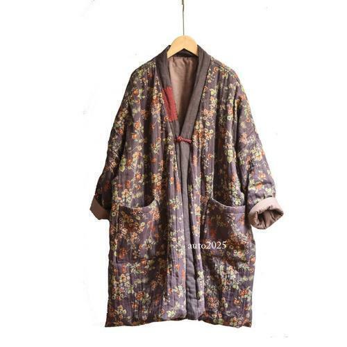 Pastoral Style Womens Long Quilted Jacket Oversize Cotton Robe Patchwork Coat L - Picture 10 of 16