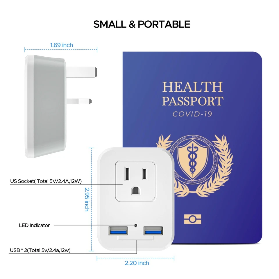 (Paquete de 2) Convertidor adaptador de corriente enchufe de viaje tipo G Reino Unido con 2 puertos de cargador USB Foto 3 de 4