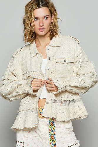 Lace Ruffle Raw Hem Twill Shacket - POL - Picture 8 of 28