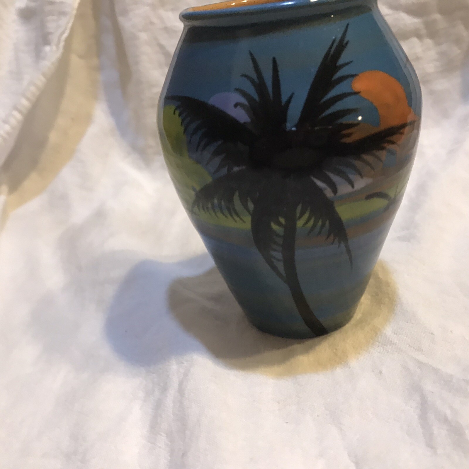 Jamaica Wassi Art Studio Pottery Vase Palm Trees Birds Sunset Signed by
