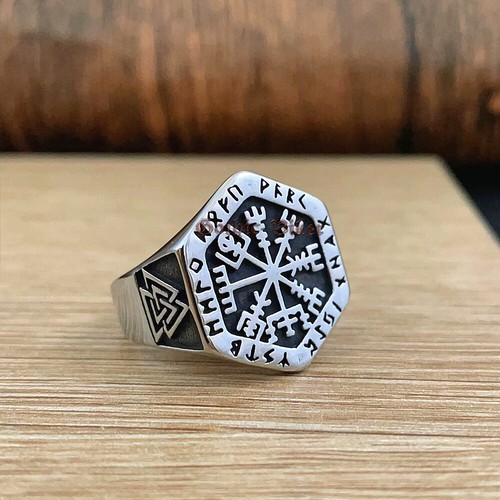 Mens Nordic Viking Vegvisir Compass Rune Valknut Ring Stainless Steel Size 9-13 - Picture 4 of 10