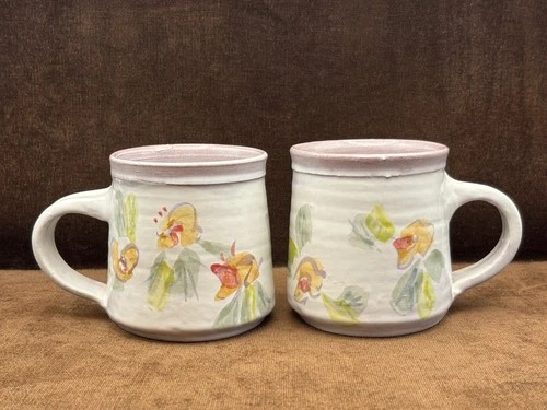 PAIR (2) Vintage Hand Thrown Glazed Mugs Studio Art Pottery Peach, Green, Purple