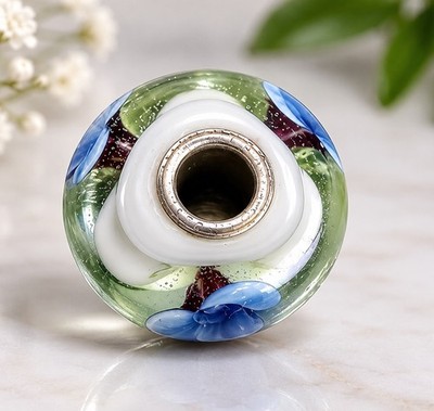 Authentic Trollbead Sterling Silver Antique Flower Bead Blue/Purple Retired