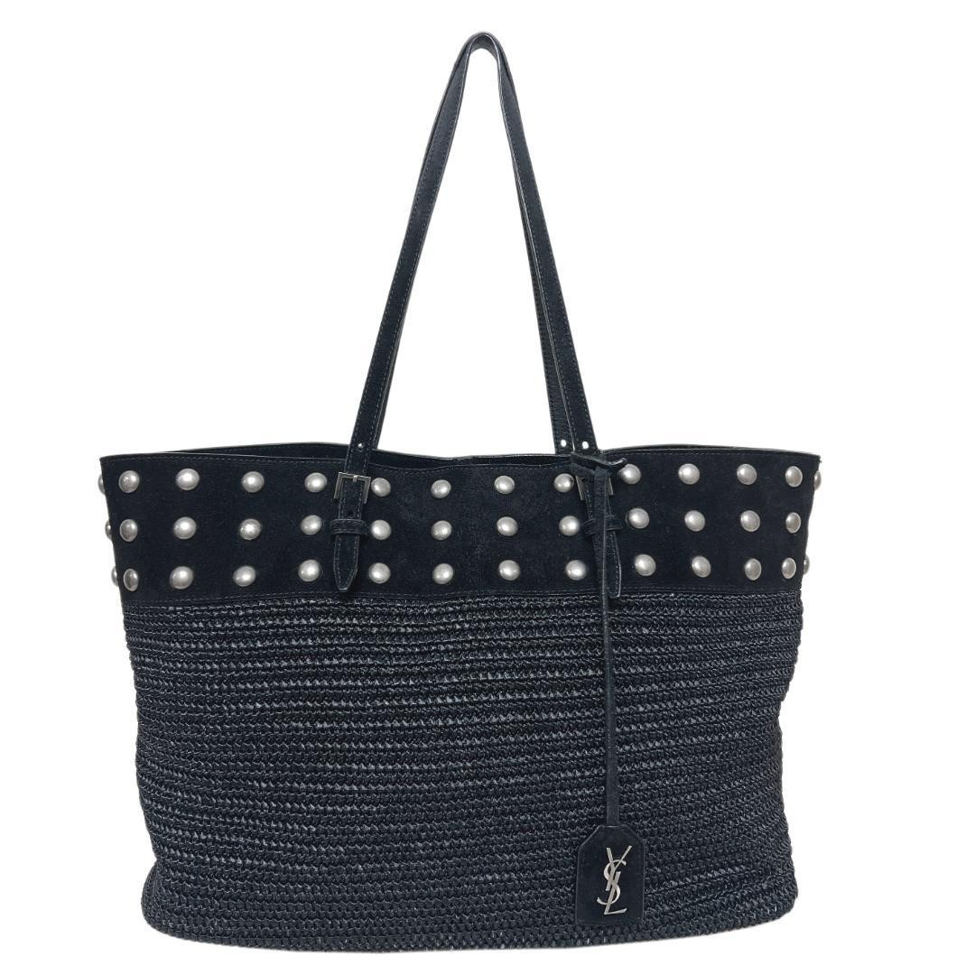 Saint Laurent Paris borsa donna tote bag borsetta paglia pelle scamosciata nera usata