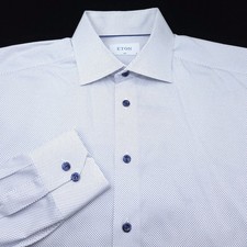 Eton Dress Shirt Mens -16 34- White Blue Microdot Slim Fit -Twill Signature