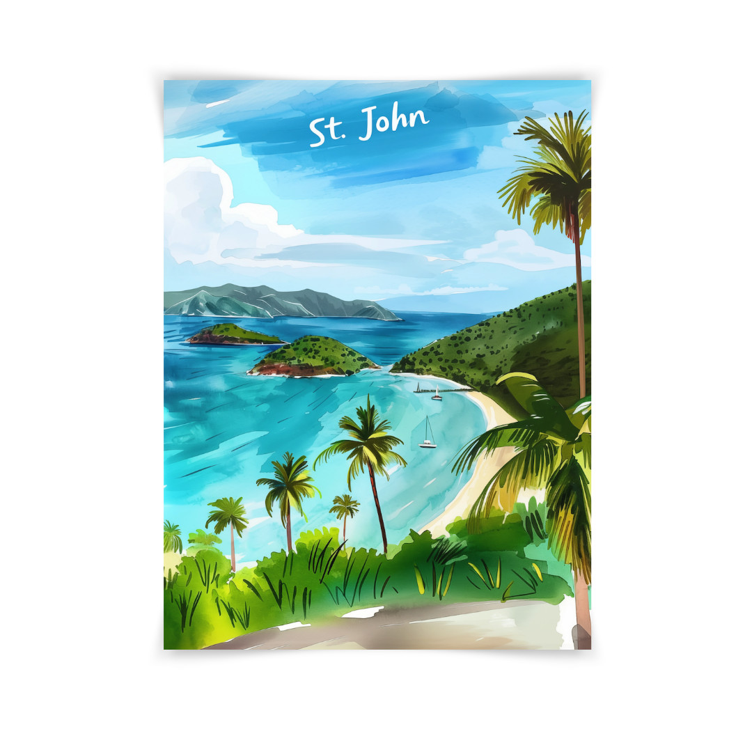 St John US Virgin Islands Watercolor Print, Tropical Beach Ocean Art