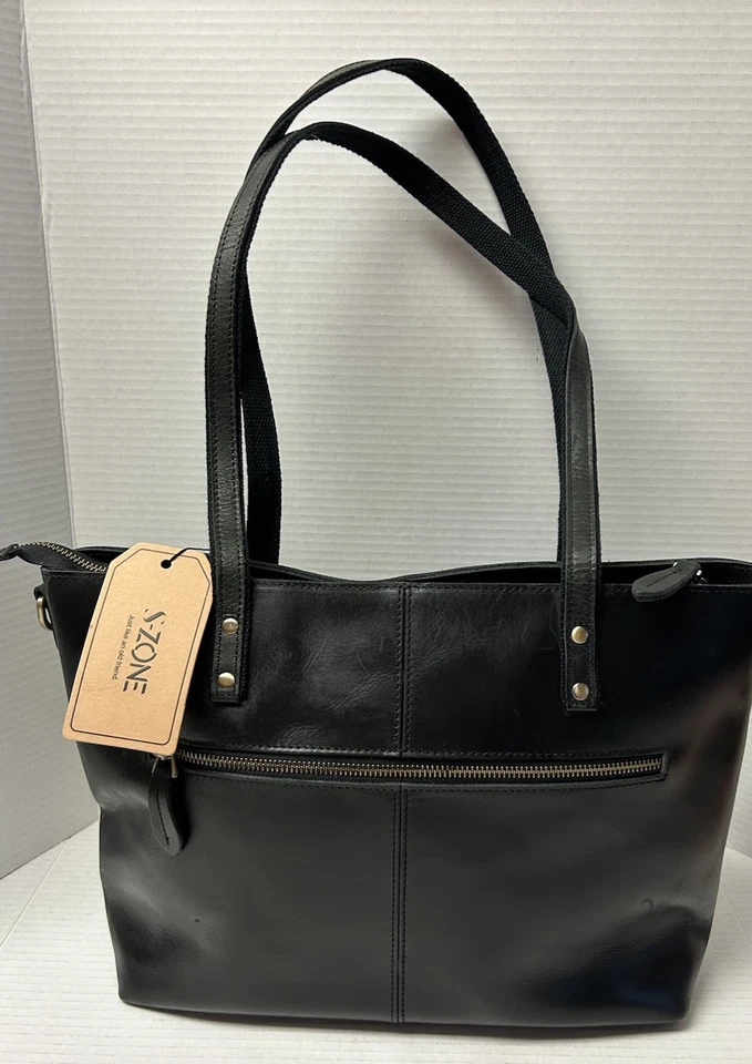 S-ZONE Women Genuine Leather Satchel Double Shoulder Straps Daily Tote Black - Image 4 of 4