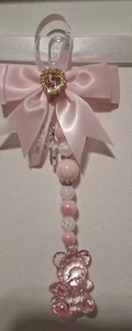 *new* Pink Girl pram charm with pink And White Beads With Pink Bow Pink Teddy **