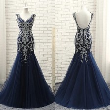 Navy V Neck Sleeveless Heavy Beaded Mermaid Evening Dresses Tulle Formal Gowns